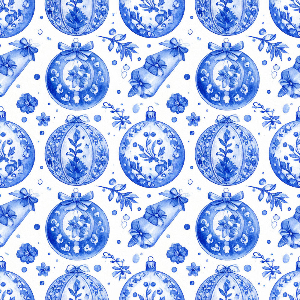 royal blue, cobalt blue, white, delft blue, ornaments, baubles, christmas, holiday, festive, floral, botanical, vintage, elegant, traditional, chinoiserie, asian-inspired, decorative, classical, formal, sophisticated, ribbons, bows, bells, flowers, small florals, ditsy floral, winter, celebration, timeless, ornate