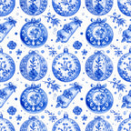royal blue, cobalt blue, white, delft blue, ornaments, baubles, christmas, holiday, festive, floral, botanical, vintage, elegant, traditional, chinoiserie, asian-inspired, decorative, classical, formal, sophisticated, ribbons, bows, bells, flowers, small florals, ditsy floral, winter, celebration, timeless, ornate
