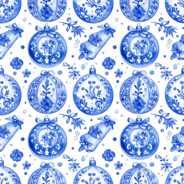 royal blue, cobalt blue, white, delft blue, ornaments, baubles, christmas, holiday, festive, floral, botanical, vintage, elegant, traditional, chinoiserie, asian-inspired, decorative, classical, formal, sophisticated, ribbons, bows, bells, flowers, small florals, ditsy floral, winter, celebration, timeless, ornate