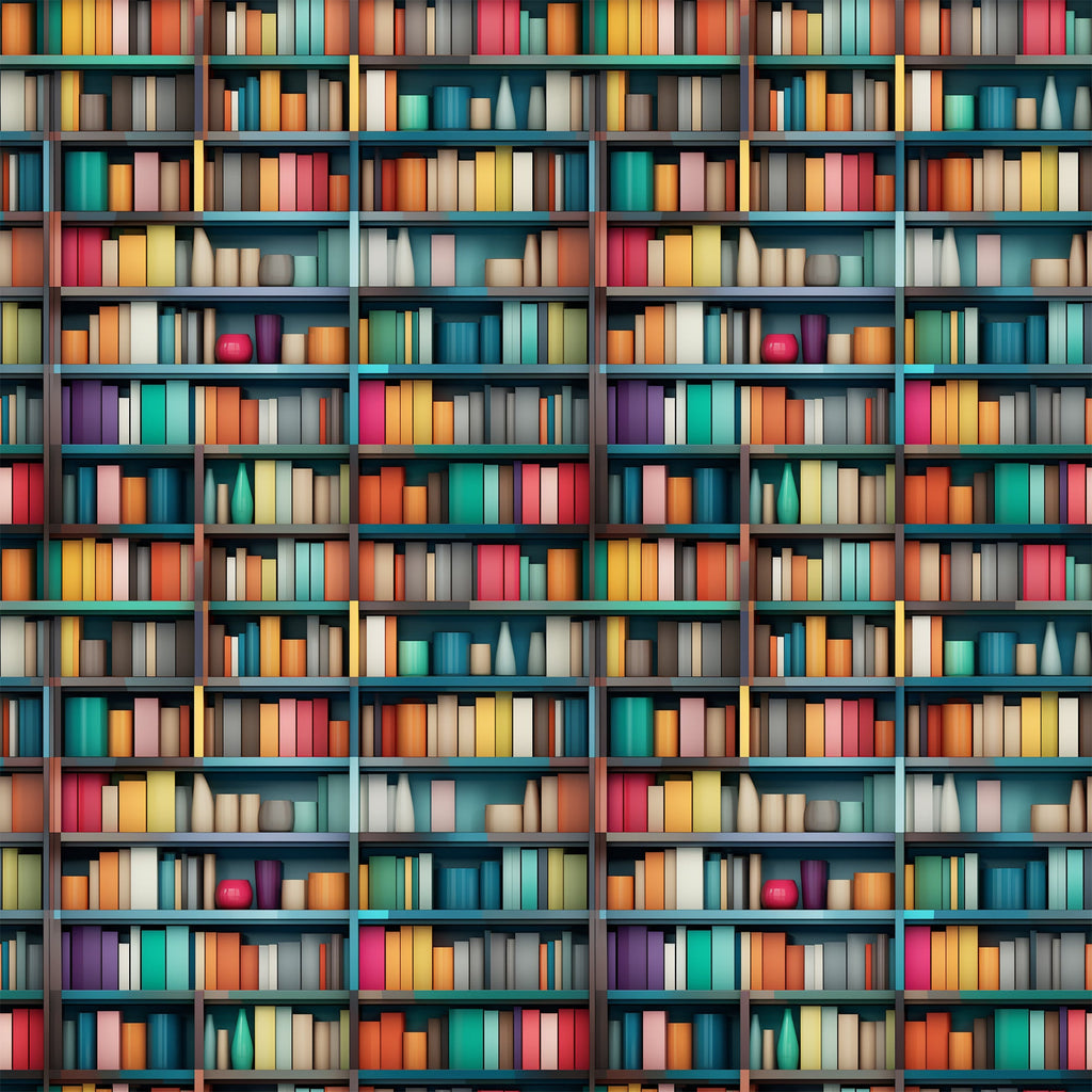 bookshelf pattern, library scene, colorful books, teal shelves, orange books, pink books, yellow books, purple books, turquoise books, red books, white books, geometric arrangement, repeating pattern,, fabric panel, literary theme, book spines, shelf compartments, vibrant colors, reading motif
