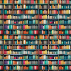 bookshelf pattern, library scene, colorful books, teal shelves, orange books, pink books, yellow books, purple books, turquoise books, red books, white books, geometric arrangement, repeating pattern,, fabric panel, literary theme, book spines, shelf compartments, vibrant colors, reading motif