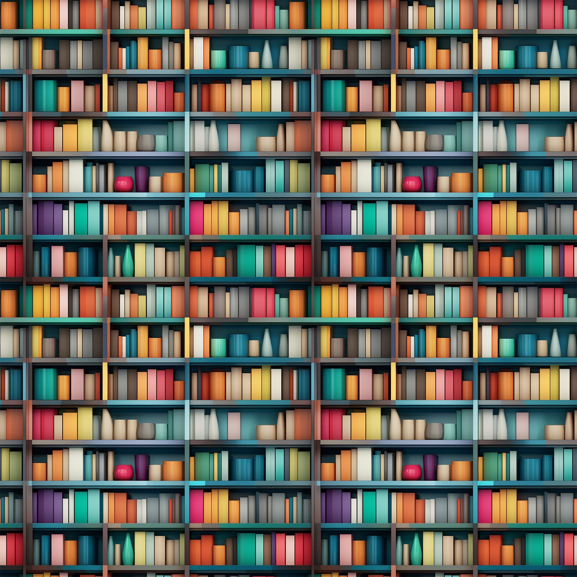 bookshelf pattern, library scene, colorful books, teal shelves, orange books, pink books, yellow books, purple books, turquoise books, red books, white books, geometric arrangement, repeating pattern,, fabric panel, literary theme, book spines, shelf compartments, vibrant colors, reading motif