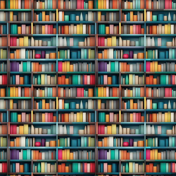 bookshelf pattern, library scene, colorful books, teal shelves, orange books, pink books, yellow books, purple books, turquoise books, red books, white books, geometric arrangement, repeating pattern,, fabric panel, literary theme, book spines, shelf compartments, vibrant colors, reading motif
