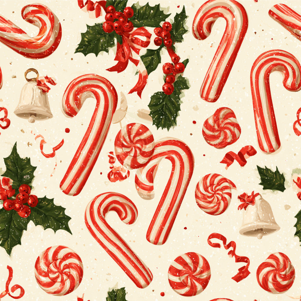 candy cane, peppermint, red and white striped, lollipop, holly, christmas, holiday, festive, vintage, whimsical, traditional, cream, forest green, red, candy, sweets, bells, winter, nostalgic, classic, retro, playroom, kids room, children's, nursery, seasonal, festive decor, candy themed, peppermint striped