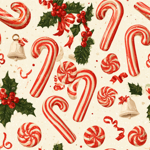 candy cane, peppermint, red and white striped, lollipop, holly, christmas, holiday, festive, vintage, whimsical, traditional, cream, forest green, red, candy, sweets, bells, winter, nostalgic, classic, retro, playroom, kids room, children's, nursery, seasonal, festive decor, candy themed, peppermint striped