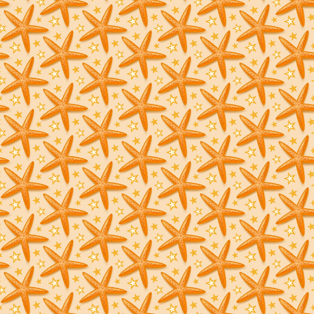 orange, peach, cream, starfish, sea stars, nautical pattern, ocean theme, beach motif, summer fabric, marine life, coastal design,, fabric panel, repeating pattern, tropical vibes, seaside elements, warm tones, aquatic creatures, geometric stars, vacation theme