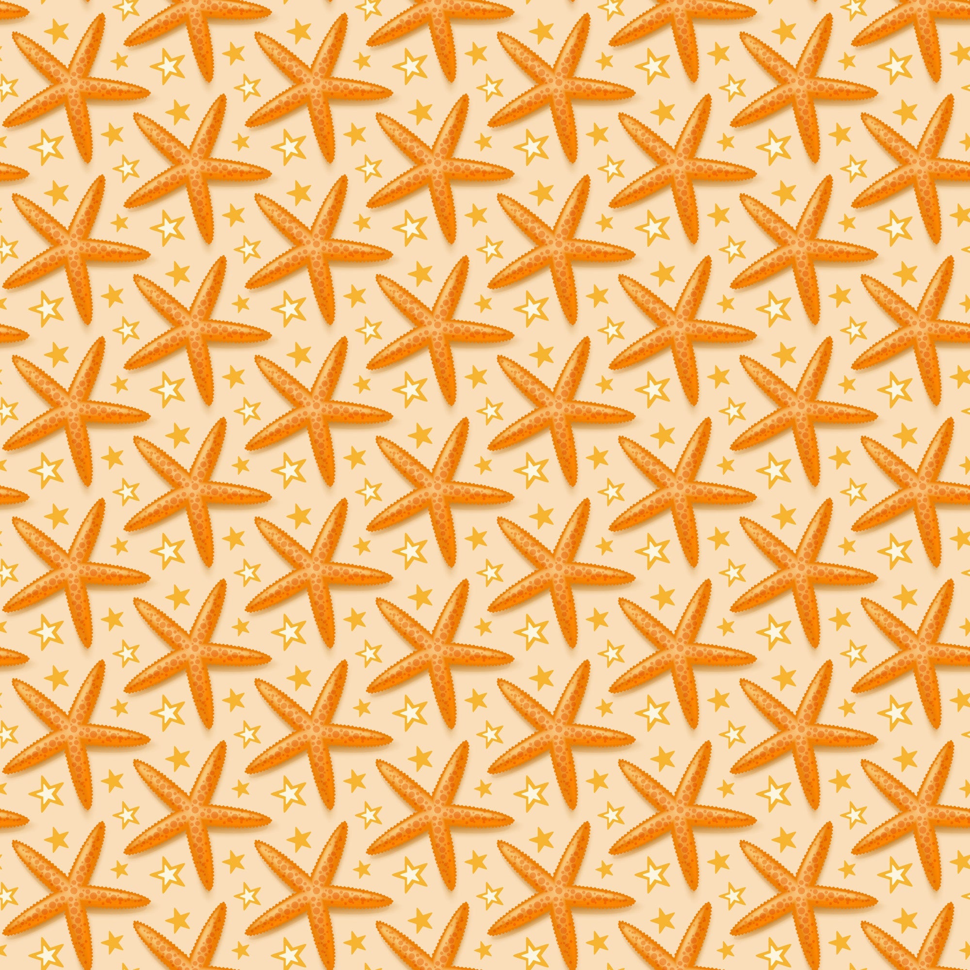 orange, peach, cream, starfish, sea stars, nautical pattern, ocean theme, beach motif, summer fabric, marine life, coastal design,, fabric panel, repeating pattern, tropical vibes, seaside elements, warm tones, aquatic creatures, geometric stars, vacation theme