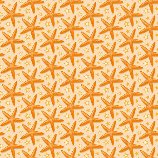 orange, peach, cream, starfish, sea stars, nautical pattern, ocean theme, beach motif, summer fabric, marine life, coastal design,, fabric panel, repeating pattern, tropical vibes, seaside elements, warm tones, aquatic creatures, geometric stars, vacation theme