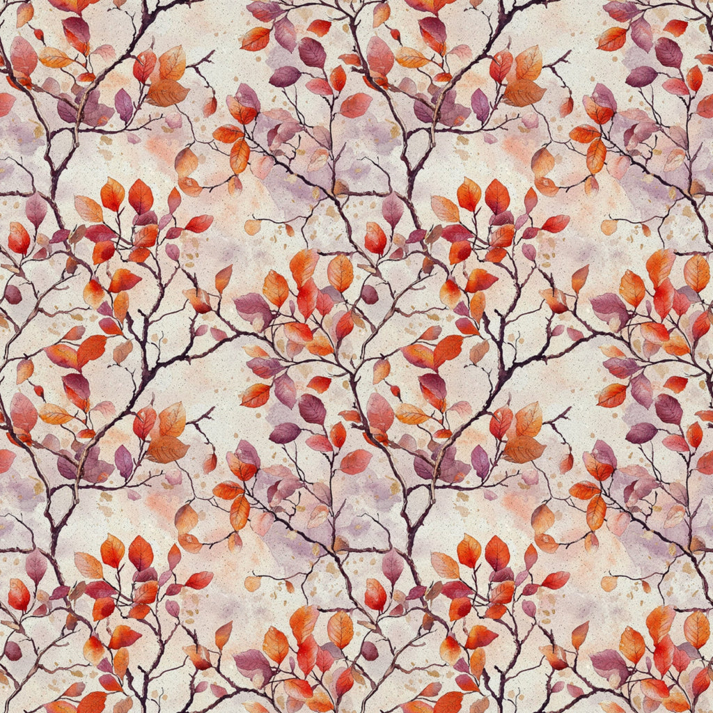 autumn leaves, fall foliage, branches, watercolor style, red, orange, purple, burgundy, cream background, botanical pattern, nature motif,, fabric panel, seasonal design, delicate branches, warm colors, artistic rendering, repeating pattern, leaf clusters, soft texture