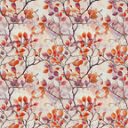 autumn leaves, fall foliage, branches, watercolor style, red, orange, purple, burgundy, cream background, botanical pattern, nature motif,, fabric panel, seasonal design, delicate branches, warm colors, artistic rendering, repeating pattern, leaf clusters, soft texture