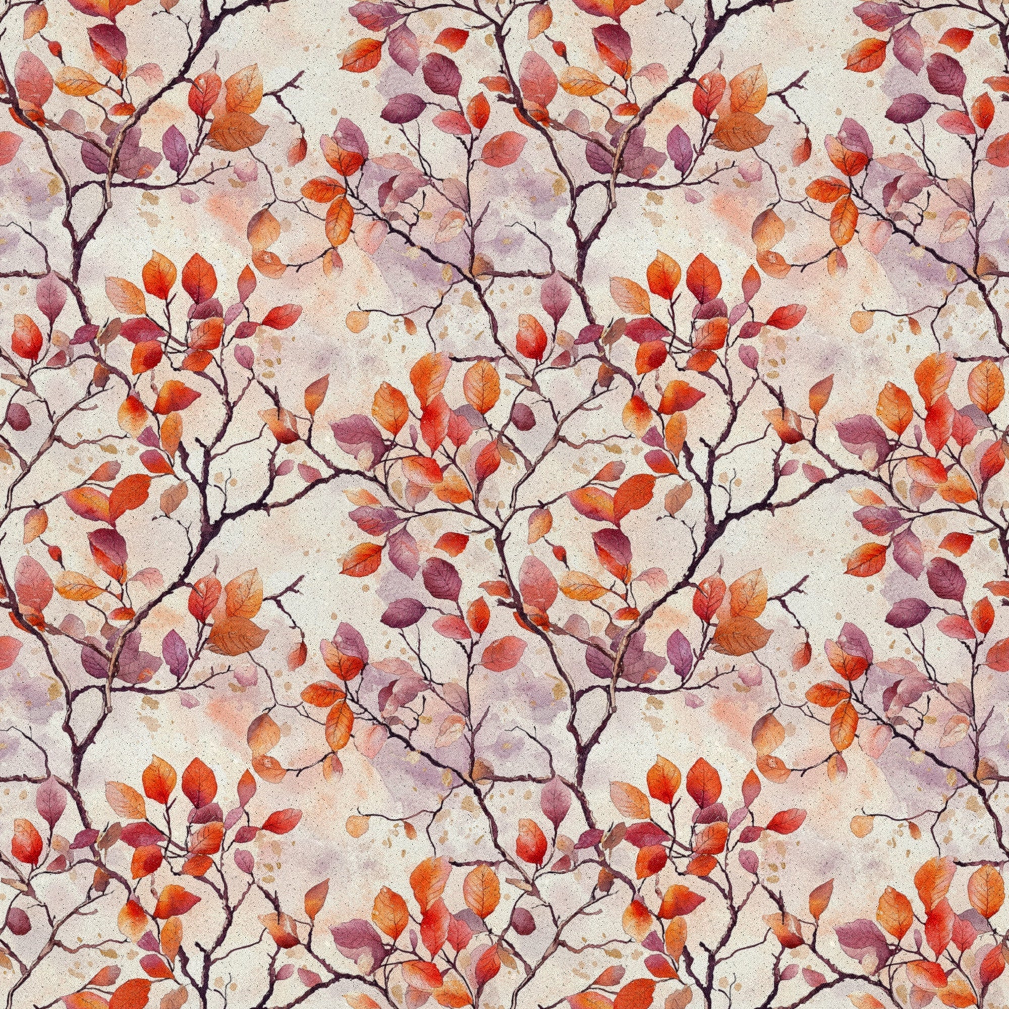 autumn leaves, fall foliage, branches, watercolor style, red, orange, purple, burgundy, cream background, botanical pattern, nature motif,, fabric panel, seasonal design, delicate branches, warm colors, artistic rendering, repeating pattern, leaf clusters, soft texture