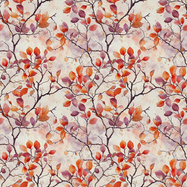 autumn leaves, fall foliage, branches, watercolor style, red, orange, purple, burgundy, cream background, botanical pattern, nature motif,, fabric panel, seasonal design, delicate branches, warm colors, artistic rendering, repeating pattern, leaf clusters, soft texture