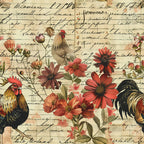 roosters, chickens, red flowers, coral blooms, vintage script, handwritten text, farm animals, botanical florals, cream background, rustic style, country theme,, fabric panel, aged paper, pastoral scene, orange petals, green leaves, farmhouse motif, floral pattern, poultry design
