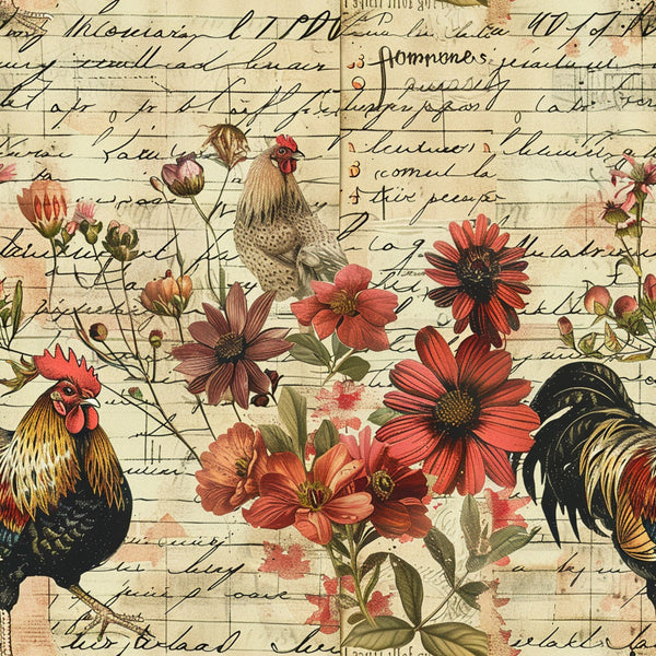 roosters, chickens, red flowers, coral blooms, vintage script, handwritten text, farm animals, botanical florals, cream background, rustic style, country theme,, fabric panel, aged paper, pastoral scene, orange petals, green leaves, farmhouse motif, floral pattern, poultry design