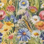 wildflower, botanical, floral pattern, watercolor style,, fabric panel, daisy flowers, pink blooms, blue petals, yellow centers, white flowers, coral tones, lavender hues, green foliage, meadow flowers, spring blooms, garden motif, nature inspired, soft pastels, artistic florals