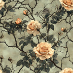 peach roses, cream flowers, thorny vines, sage green, muted olive, botanical pattern, vintage floral, romantic blooms, rose buds,, fabric panel, gothic garden, dusty rose, antique styling, climbing roses, thorny stems, soft pastels, floral motif, textile design, cottagecore aesthetic