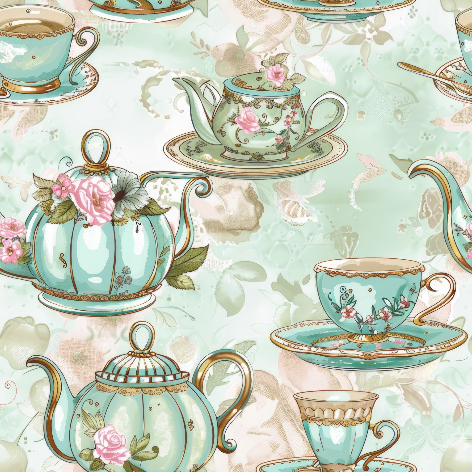 mint green, soft pink, vintage teapots, floral teacups, rose pattern, watercolor style, tea party theme,, fabric panel, delicate florals, pastel colors, whimsical design, cottage core, shabby chic, repeating pattern, elegant china, botanical elements, feminine aesthetic, craft fabric, sewing material