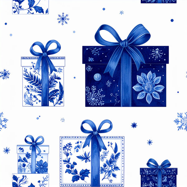 royal blue, navy blue, white, delft blue, floral, botanical, toile, snowflakes, winter, holiday, christmas, gifts, bows, ribbons, elegant, traditional, vintage, celestial, stars, ornaments, festive, formal, sophisticated, nature, seasonal, special occasion, blue and white, classic, decorative panels
