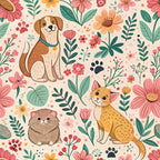 floral pattern, dog, cat, hamster, paw prints, pink flowers, coral blooms, green leaves, orange blossoms, cream background, botanical design, pets, animals, whimsical style,, fabric panel, spring theme, cute illustrations, folk art style, nature motif