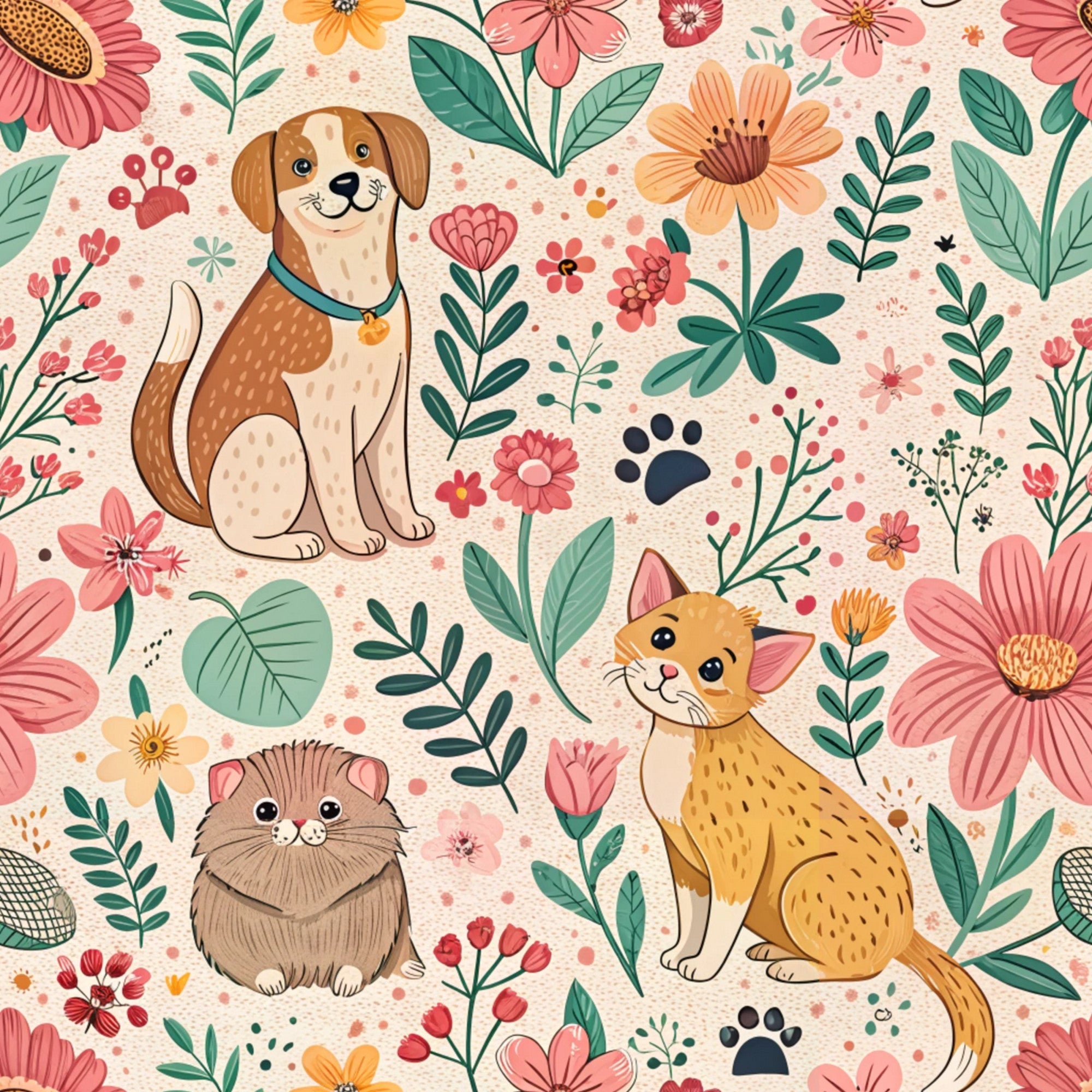 floral pattern, dog, cat, hamster, paw prints, pink flowers, coral blooms, green leaves, orange blossoms, cream background, botanical design, pets, animals, whimsical style,, fabric panel, spring theme, cute illustrations, folk art style, nature motif