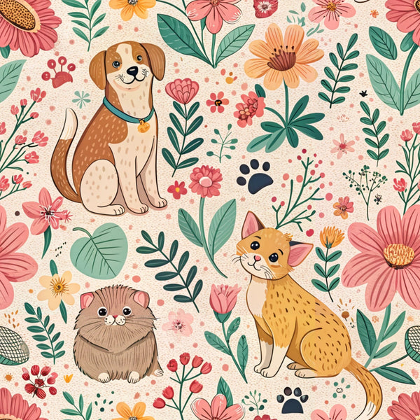 floral pattern, dog, cat, hamster, paw prints, pink flowers, coral blooms, green leaves, orange blossoms, cream background, botanical design, pets, animals, whimsical style,, fabric panel, spring theme, cute illustrations, folk art style, nature motif