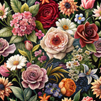 realistic flowers, botanical pattern, roses, daisies, peonies, hydrangeas, lilies, deep red, coral pink, cream white, dusty purple, orange, navy blue, green foliage, black background, vintage style,, fabric panel, floral motifs, garden flowers