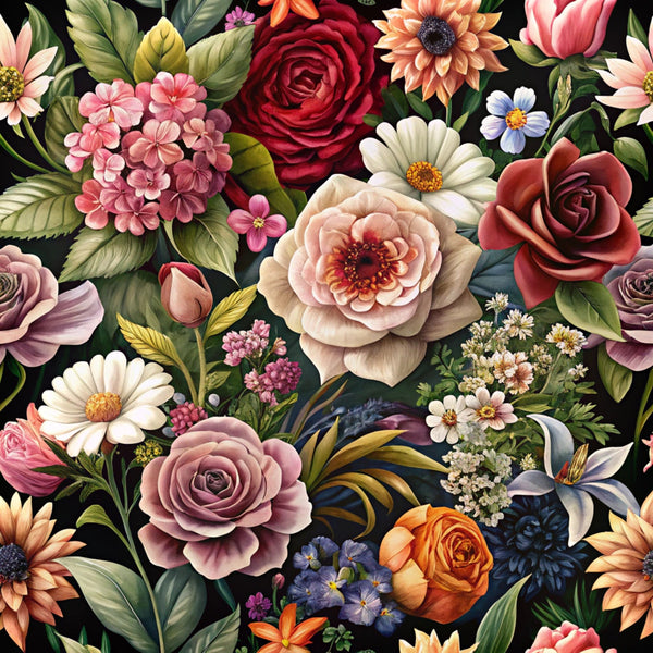 realistic flowers, botanical pattern, roses, daisies, peonies, hydrangeas, lilies, deep red, coral pink, cream white, dusty purple, orange, navy blue, green foliage, black background, vintage style,, fabric panel, floral motifs, garden flowers