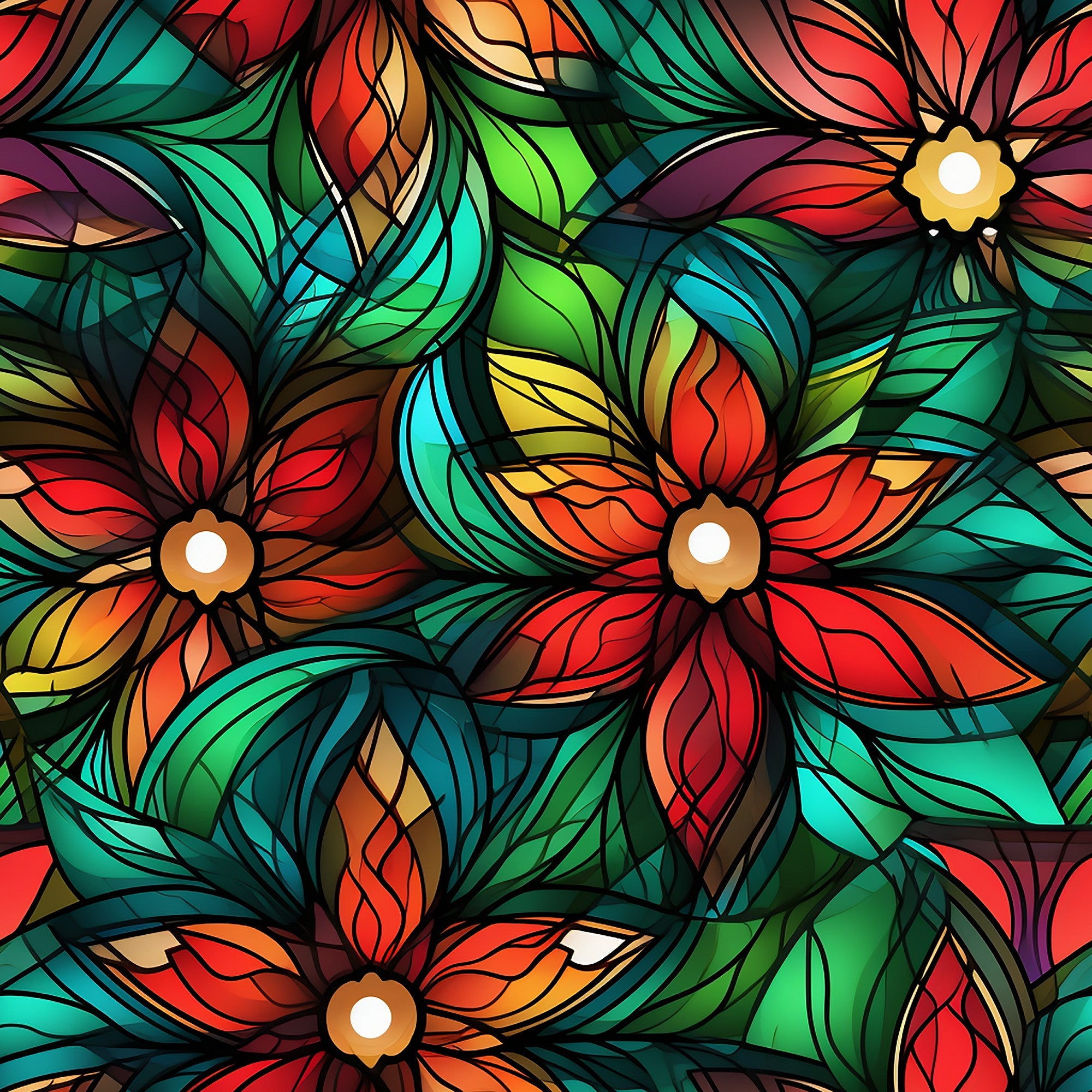 stained glass, christmas pattern,, fabric panel, floral motifs, red petals, green leaves, turquoise accents, orange highlights, yellow centers, purple tones, botanical design, geometric lines, holiday fabric, decorative flowers, vibrant colors, art glass style, festive pattern, crafting material, sewing fabric