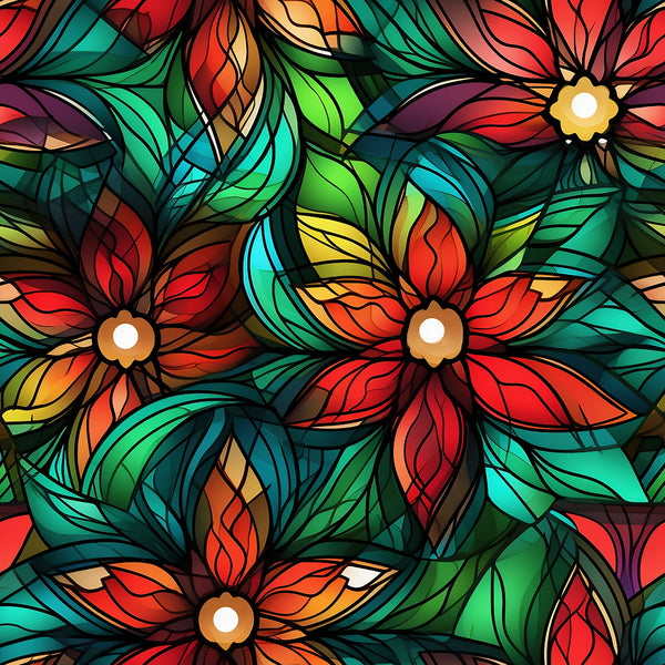 stained glass, christmas pattern,, fabric panel, floral motifs, red petals, green leaves, turquoise accents, orange highlights, yellow centers, purple tones, botanical design, geometric lines, holiday fabric, decorative flowers, vibrant colors, art glass style, festive pattern, crafting material, sewing fabric