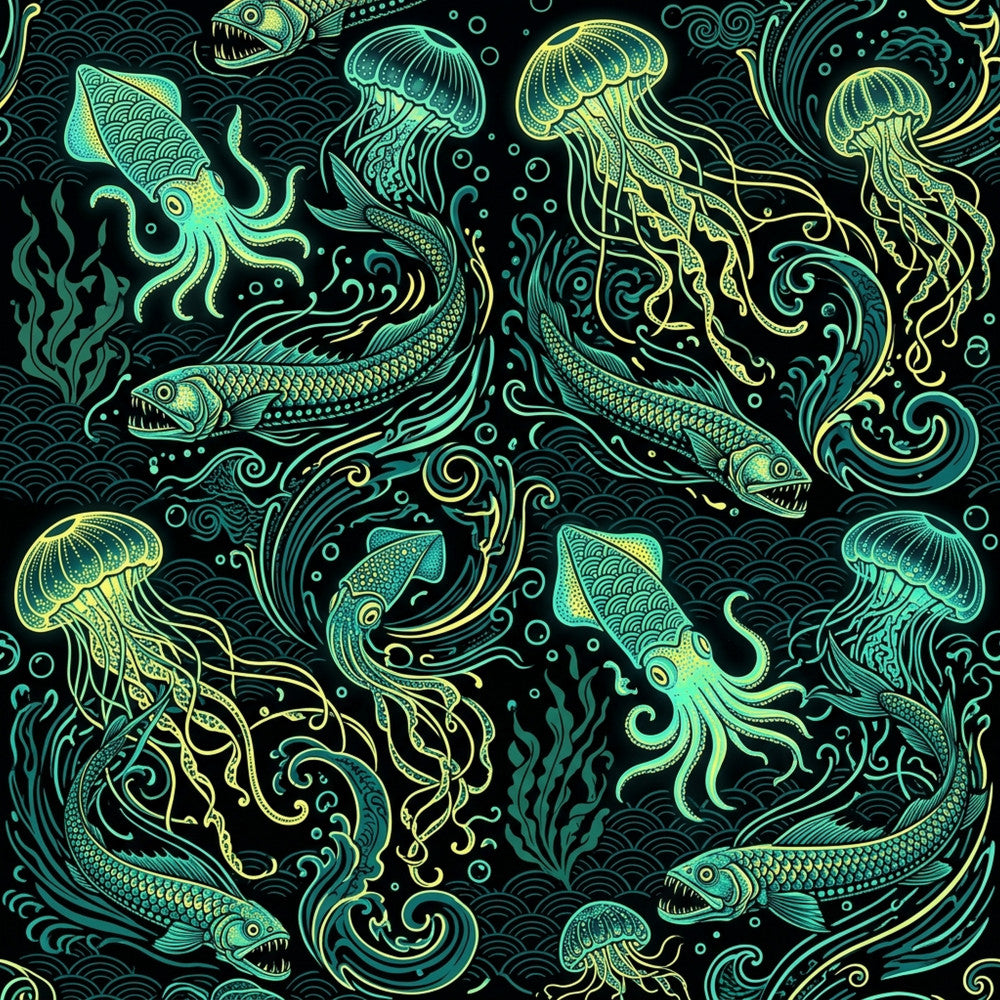 neon green, cyan blue, yellow-green, black background, bioluminescent, ocean theme, sea creatures, jellyfish, octopus, squid, fish, serpent, nautical, deep sea, underwater, marine life, intricate detailing, ornamental swirls, scrollwork, art nouveau, whimsical, fantasy, mystical, glow-in-the-dark aesthetic, celestial, modern art, decorative patterns, adventure theme, nature inspired