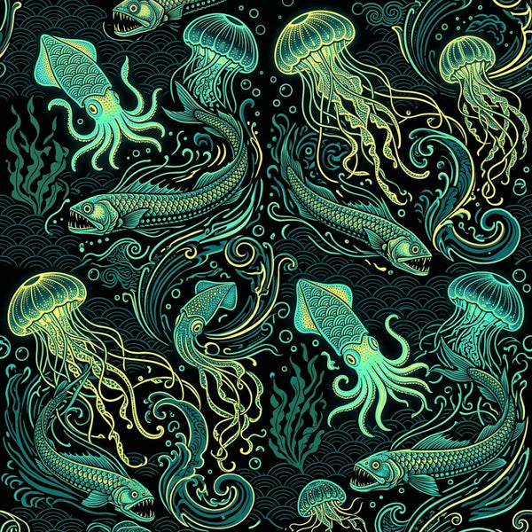 neon green, cyan blue, yellow-green, black background, bioluminescent, ocean theme, sea creatures, jellyfish, octopus, squid, fish, serpent, nautical, deep sea, underwater, marine life, intricate detailing, ornamental swirls, scrollwork, art nouveau, whimsical, fantasy, mystical, glow-in-the-dark aesthetic, celestial, modern art, decorative patterns, adventure theme, nature inspired