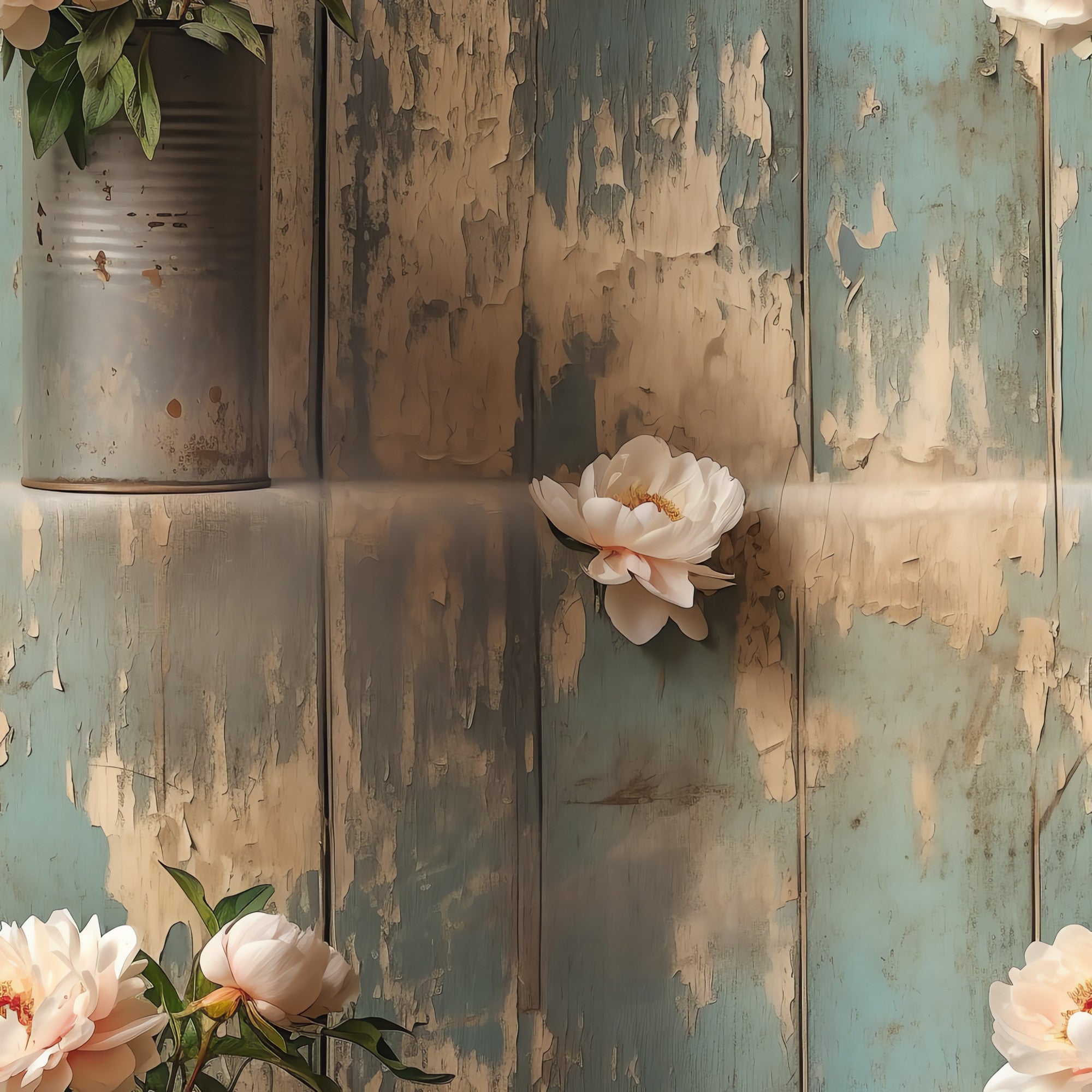 farmhouse style, weathered wood, peeling paint, soft pink peonies, blush flowers, distressed boards, rustic texture, shabby chic, vintage aesthetic, floral blooms, muted teal, cream paint, aged patina,, fabric panel, cottage core, botanical elements, pastel palette, rustic charm