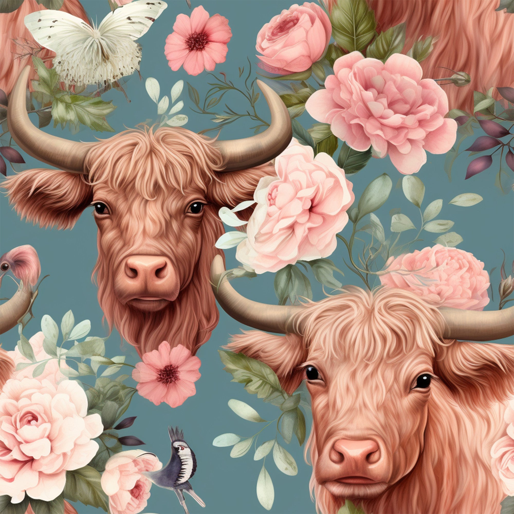 highland cows, pink roses, peonies, floral pattern, vintage style, dusty blue background, coral pink, cream white, botanical elements, butterflies, birds,, fabric panel, rustic charm, farmhouse aesthetic, soft pastels, romantic florals, country animals, whimsical design, nature motifs