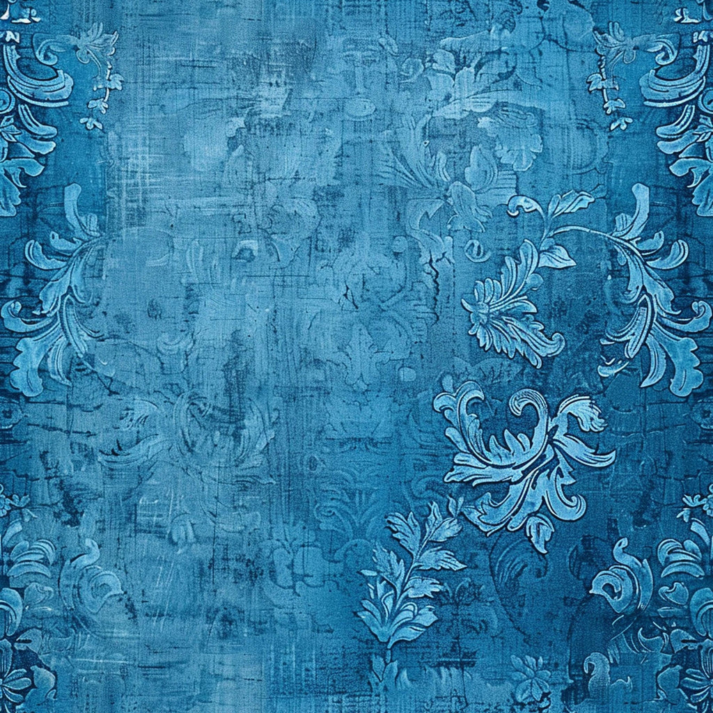 blue, vintage, distressed texture, floral motifs, ornate scrollwork, decorative flourishes, botanical elements, weathered appearance, monochromatic,, fabric panel, damask pattern, elegant swirls, antique style, farmhouse aesthetic, textured background, intricate details, romantic florals