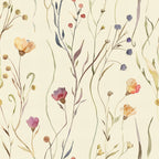 handdrawn, meadow, wildflowers, watercolor style, botanical pattern, cream background, purple flowers, yellow blooms, coral petals, blue berries, green stems, delicate illustration, nature motif, floral design,, fabric panel, whimsical art, soft colors, organic shapes, meadow grass