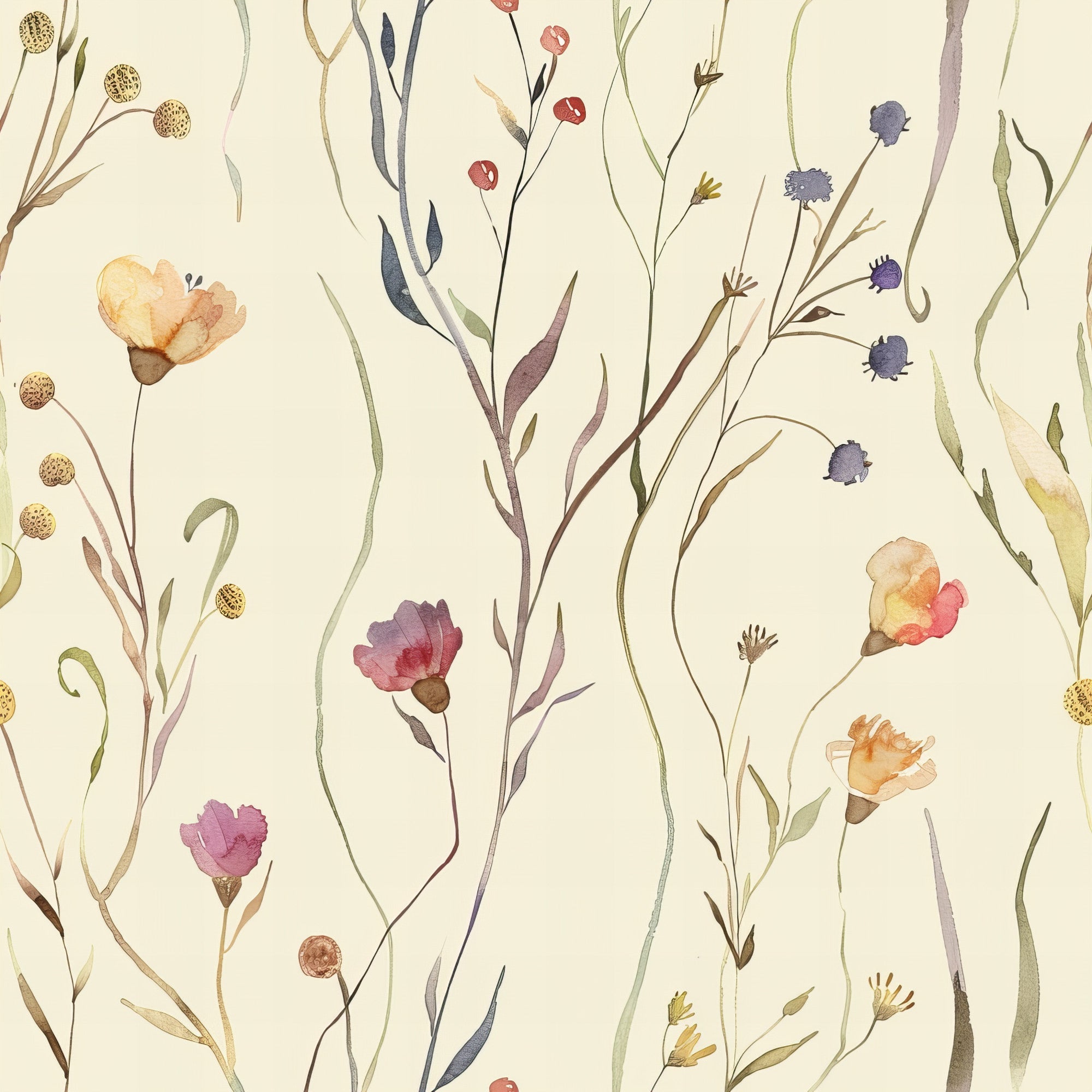 handdrawn, meadow, wildflowers, watercolor style, botanical pattern, cream background, purple flowers, yellow blooms, coral petals, blue berries, green stems, delicate illustration, nature motif, floral design,, fabric panel, whimsical art, soft colors, organic shapes, meadow grass