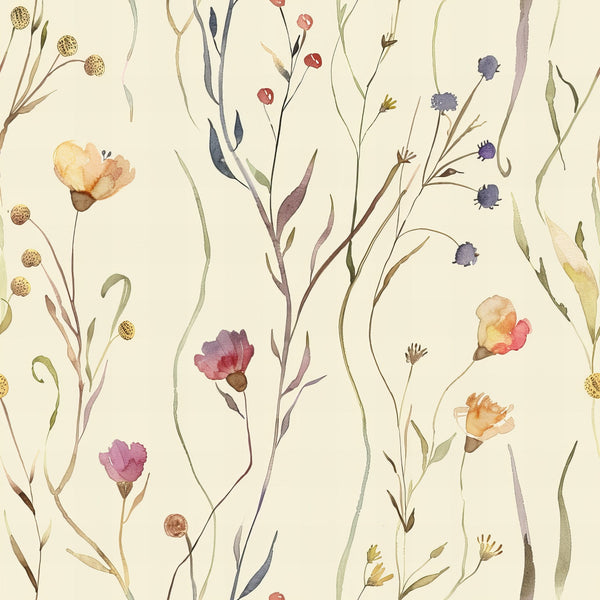handdrawn, meadow, wildflowers, watercolor style, botanical pattern, cream background, purple flowers, yellow blooms, coral petals, blue berries, green stems, delicate illustration, nature motif, floral design,, fabric panel, whimsical art, soft colors, organic shapes, meadow grass