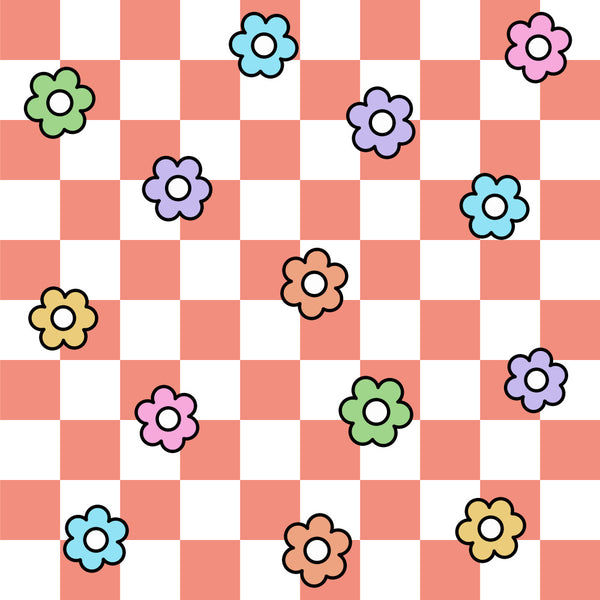 coral pink, light blue, purple, yellow, green, checkered background, floral, flowers, whimsical, playful, colorful, bright, cheerful, kids, children, nursery, playroom, spring, cute, fun, daisy flowers, simple flowers, modern, contemporary, casual, baby, toddler, girl, boy, unisex
