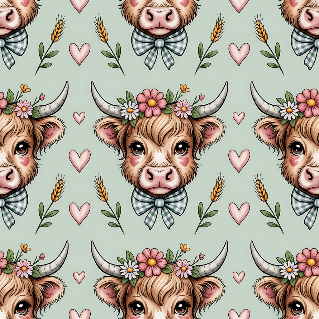 sage green, highland cow, cow heads, floral crown, gingham bow tie, pink hearts, wheat stalks, cottage core, pastoral,, fabric panel, repeating pattern, brown fur, horns, daisy flowers, leafy vines, farm animals, whimsical, soft colors, rustic charm
