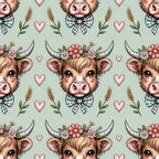 sage green, highland cow, cow heads, floral crown, gingham bow tie, pink hearts, wheat stalks, cottage core, pastoral,, fabric panel, repeating pattern, brown fur, horns, daisy flowers, leafy vines, farm animals, whimsical, soft colors, rustic charm