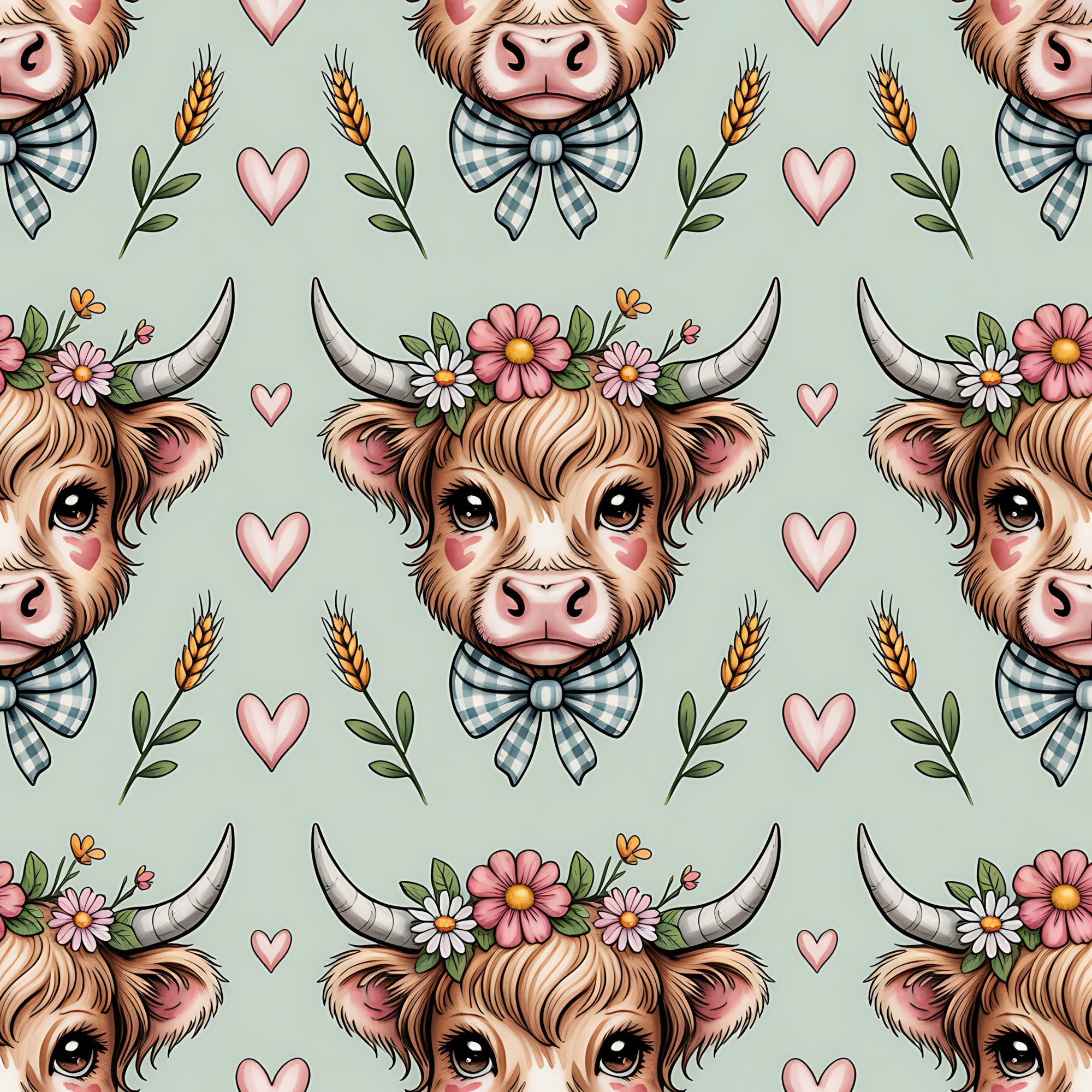 sage green, highland cow, cow heads, floral crown, gingham bow tie, pink hearts, wheat stalks, cottage core, pastoral,, fabric panel, repeating pattern, brown fur, horns, daisy flowers, leafy vines, farm animals, whimsical, soft colors, rustic charm