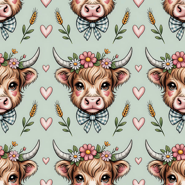 sage green, highland cow, cow heads, floral crown, gingham bow tie, pink hearts, wheat stalks, cottage core, pastoral,, fabric panel, repeating pattern, brown fur, horns, daisy flowers, leafy vines, farm animals, whimsical, soft colors, rustic charm