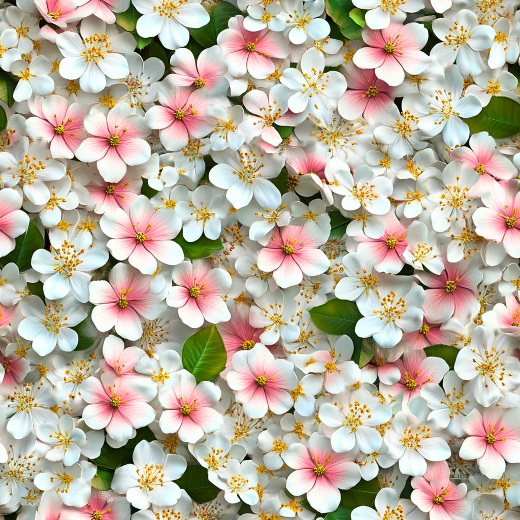 white flowers, pink flowers, yellow stamens, green leaves, floral pattern, spring blossoms, cherry blossoms, realistic flowers, botanical design,, fabric panel, delicate petals, garden flowers, nature motif, soft pastels, blooming flowers, densely packed, fresh spring, flower clusters