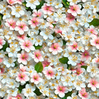 white flowers, pink flowers, yellow stamens, green leaves, floral pattern, spring blossoms, cherry blossoms, realistic flowers, botanical design,, fabric panel, delicate petals, garden flowers, nature motif, soft pastels, blooming flowers, densely packed, fresh spring, flower clusters
