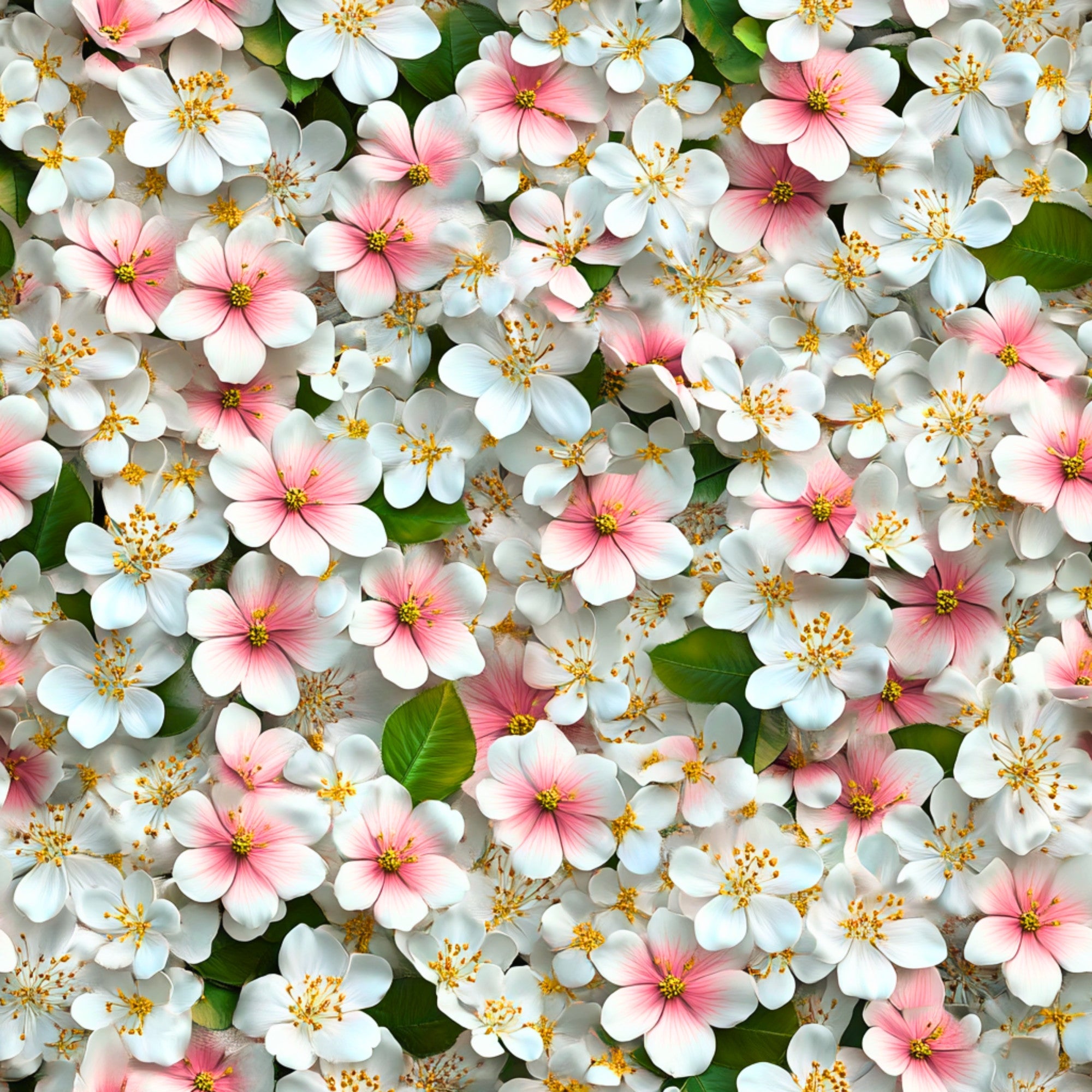 white flowers, pink flowers, yellow stamens, green leaves, floral pattern, spring blossoms, cherry blossoms, realistic flowers, botanical design,, fabric panel, delicate petals, garden flowers, nature motif, soft pastels, blooming flowers, densely packed, fresh spring, flower clusters