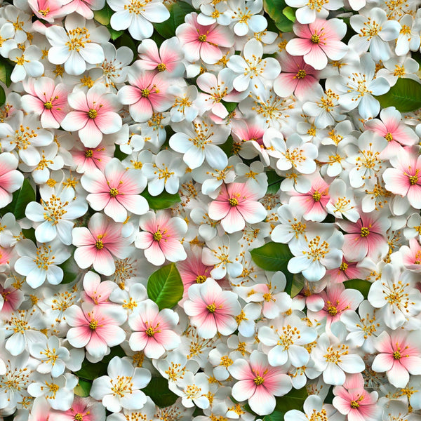white flowers, pink flowers, yellow stamens, green leaves, floral pattern, spring blossoms, cherry blossoms, realistic flowers, botanical design,, fabric panel, delicate petals, garden flowers, nature motif, soft pastels, blooming flowers, densely packed, fresh spring, flower clusters