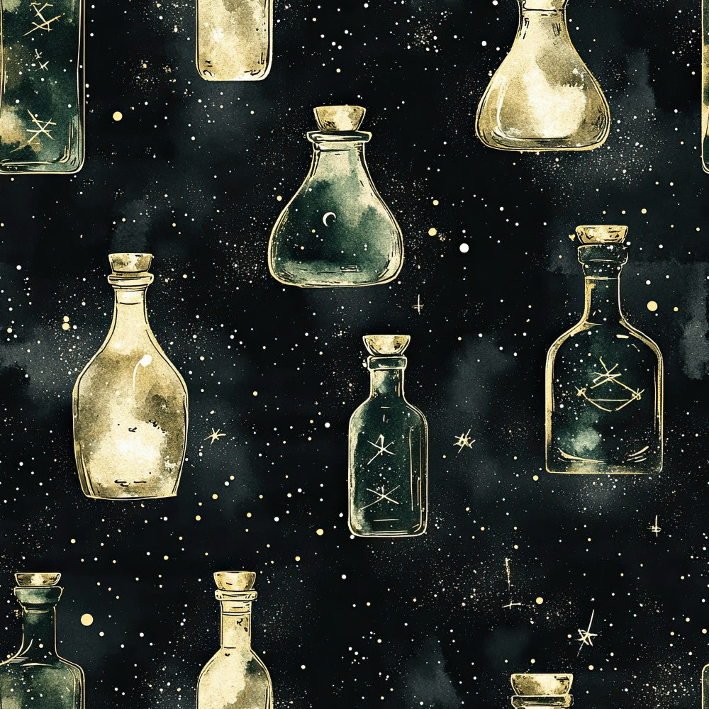 celestial, night sky, dark navy, forest green, cream, gold accents, potion bottles, apothecary, magical, mystical, witchy, whimsical, stars, moons, spell bottles, vintage apothecary, moon and stars, enchanted, alchemy, dark academia, gothic, elegant, moody, dreamy, fantasy, nursery, bedroom, cosmic, constellation, starry night