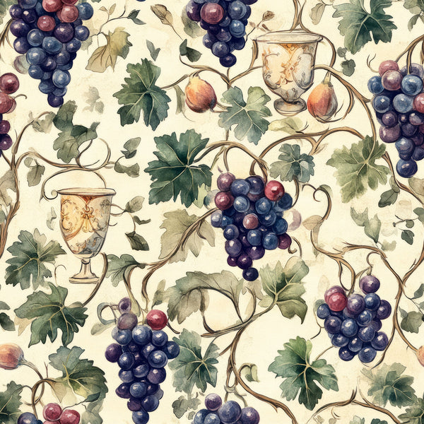 grapes, grapevines, wine goblets, chalices, botanical, vineyard theme, purple grapes, blue grapes, green leaves, vine leaves, cream background, beige background, watercolor style, fruit pattern, wine theme,, fabric panel, repeating pattern, autumn harvest, decorative vessels