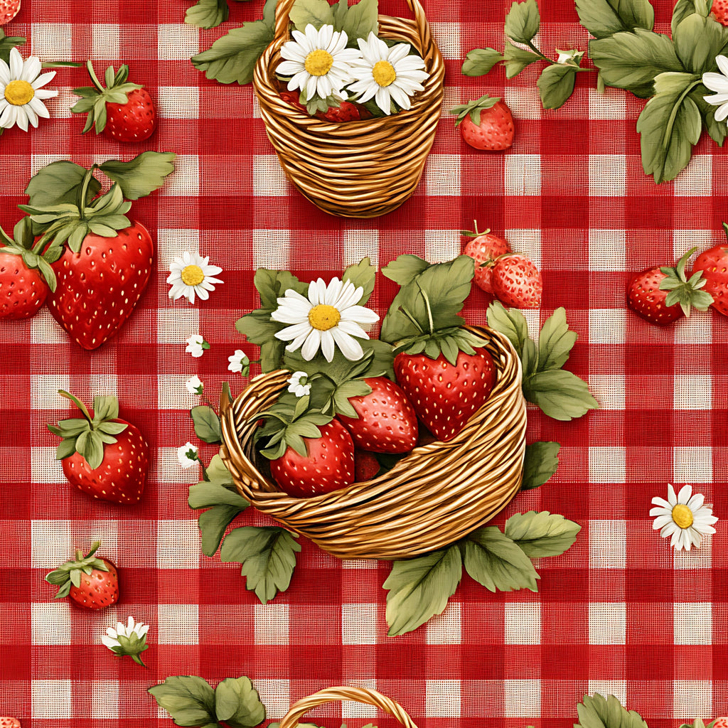 red gingham, white checkered, strawberries, wicker baskets, daisy flowers, green leaves, picnic theme,, fabric panel, summer motif, fruit pattern, country style, checkered background, botanical elements, rustic baskets, floral accents, berry design, pastoral scene, cotton fabric, repeating pattern