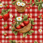 red gingham, white checkered, strawberries, wicker baskets, daisy flowers, green leaves, picnic theme,, fabric panel, summer motif, fruit pattern, country style, checkered background, botanical elements, rustic baskets, floral accents, berry design, pastoral scene, cotton fabric, repeating pattern